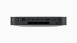 M2 Mac Mini Pro rear with ports and cooling showing.